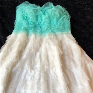 Strapless Ruffle Dress in White/Tiffany Blue
